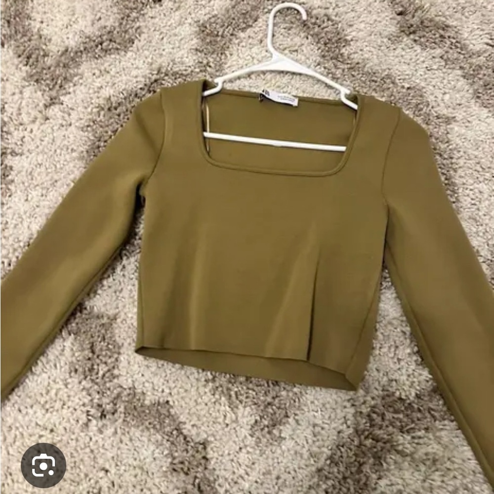 Zara size small square neck olive green long sleeve crop top